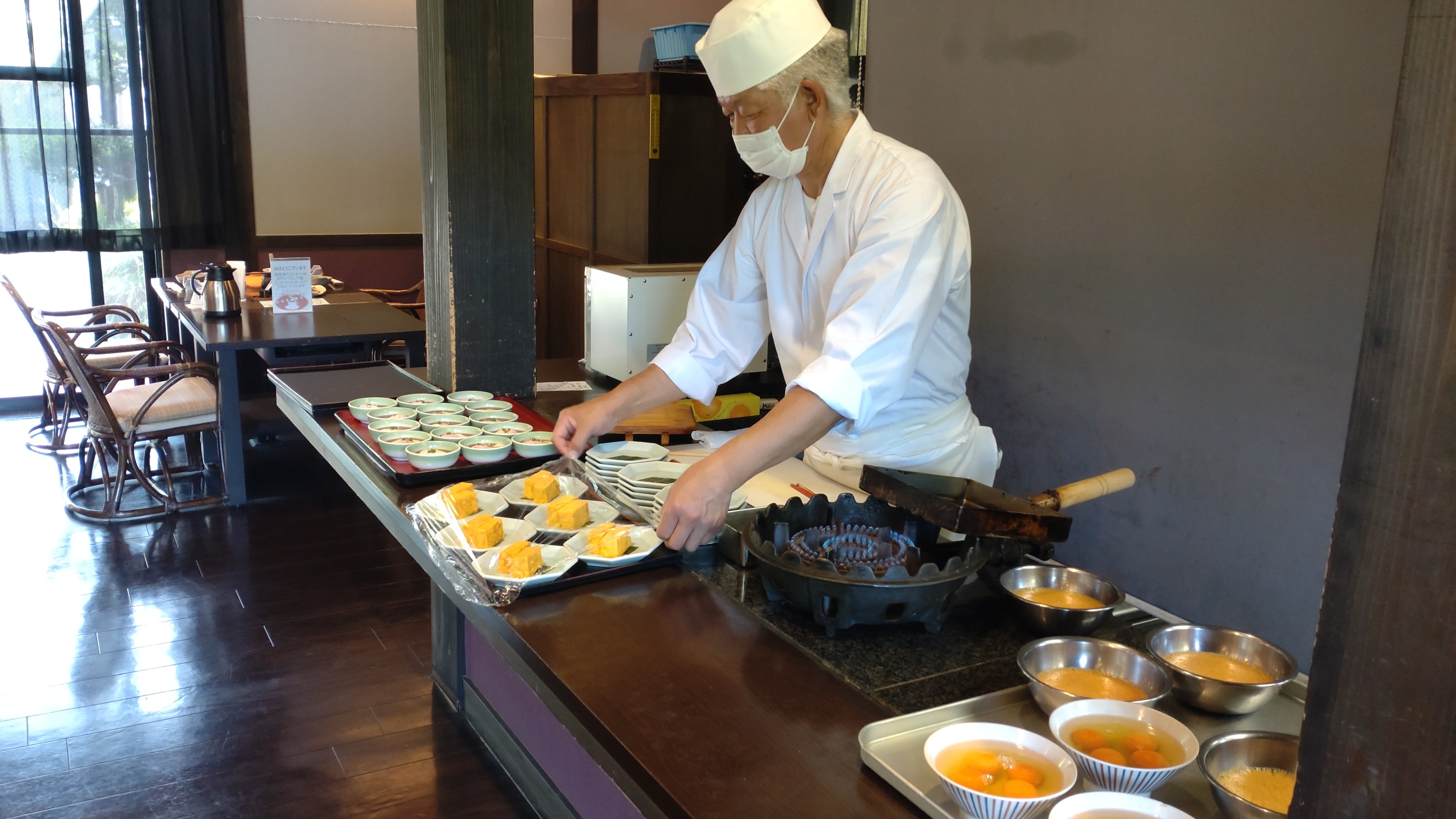 【清涼館朝食】料理長の手作り卵焼き、温泉卵からお選びください