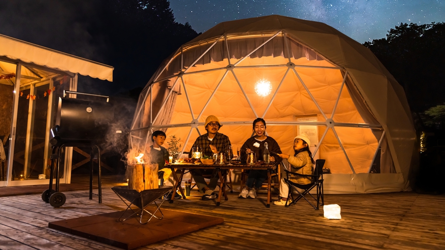 【 素泊まりグランピング♪ 】お好きなBBQ食材持ち込み自由！ニジマス掴み取り、夜は蛍観賞や焚火も♪