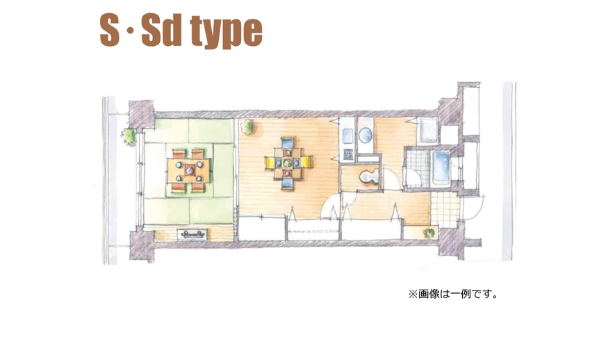 【S・Sdタイプ間取り一例】1LDK・最大4名までご宿泊可能な客室（間取り・階数ご指定不可）