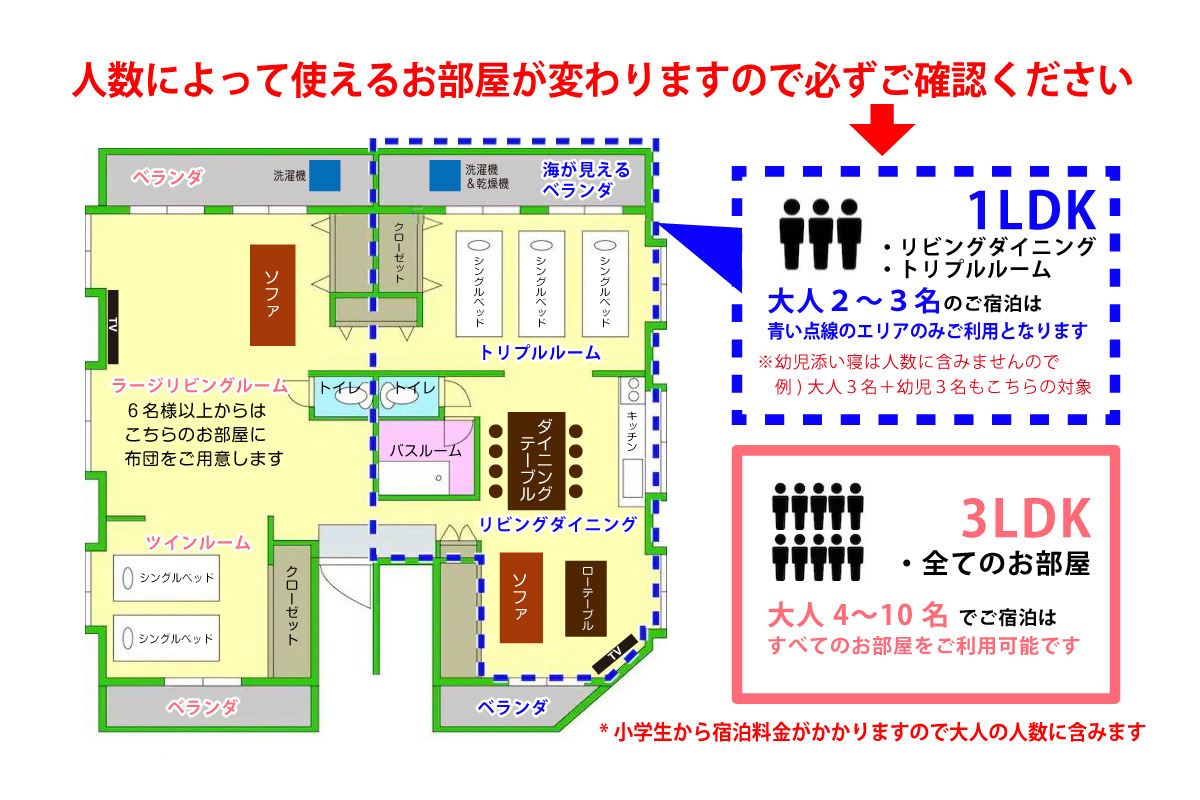 ・3名様までのご利用の場合、建物右側のみのご利用になります。