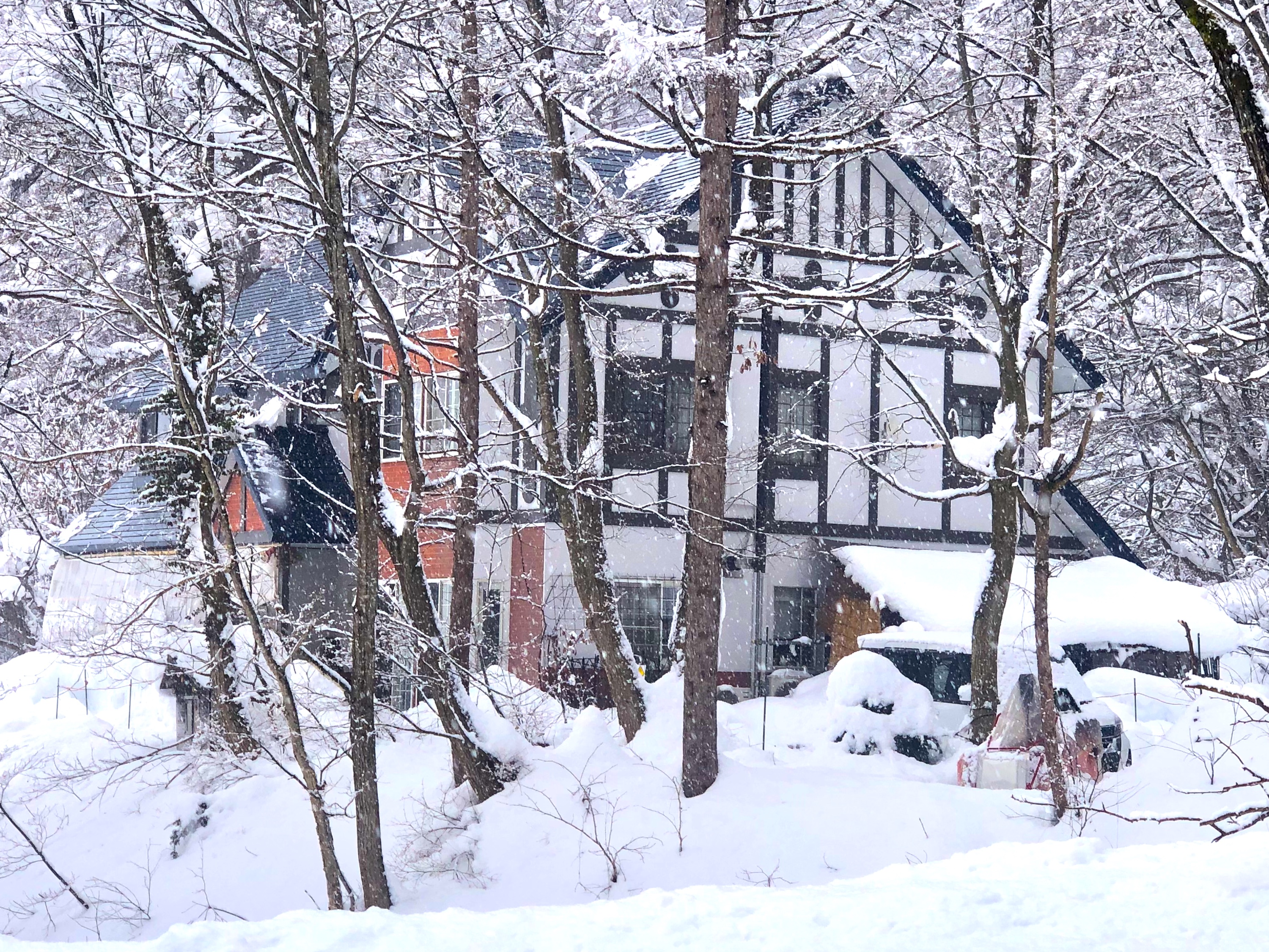 深い雪の中の冬のペンションアウラ