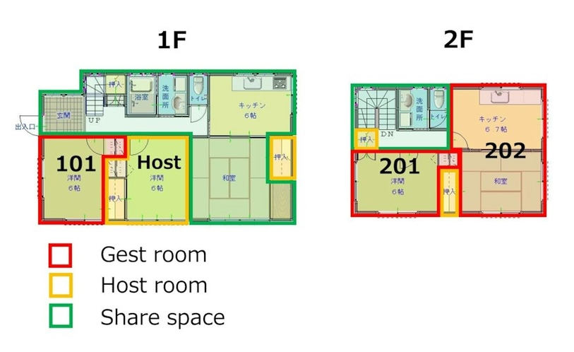 間取りです。客室2部屋、共用スペースとしてキッチンと風呂場、洗面所×２，トイレ×2、居間があります。