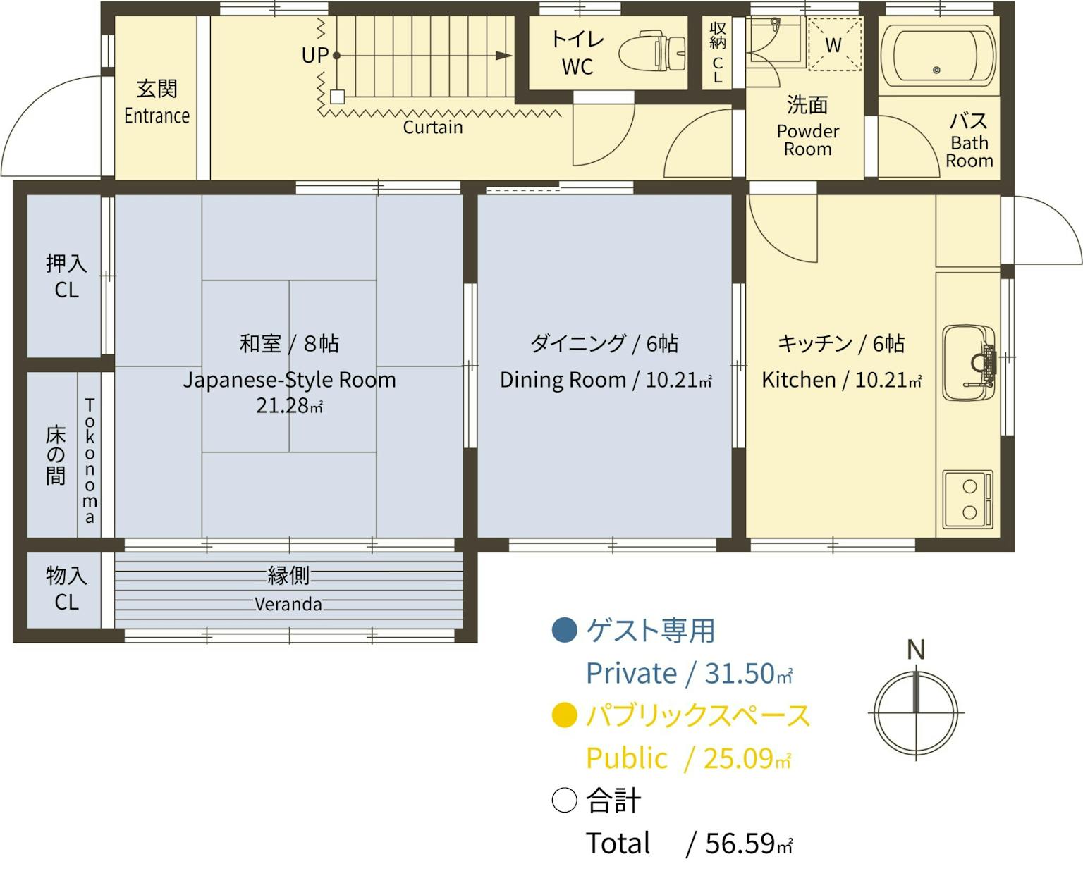 施設間取り図。2階はホストスペース。和室やダイニングの上の部屋は使わないので音は気になりません。