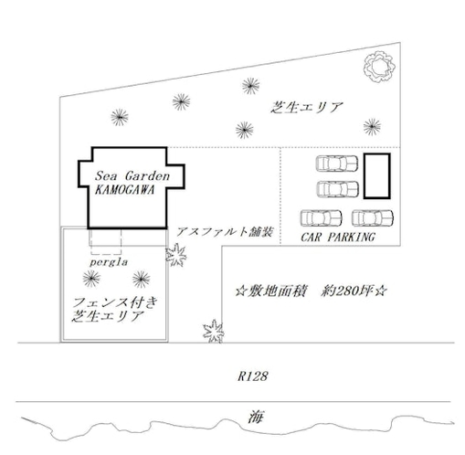 Sea Garden KAMOGAWAの配置図。約270坪の敷地でゆっくりお過ごしください。