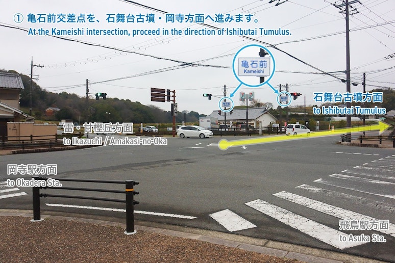 駐車場案内① 亀石交差点を、石舞台古墳方面へ進みます。