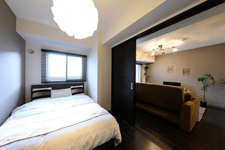 There are two doubled beds in a bedroom!...