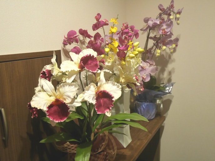 土間は綺麗なお花を飾り付けしております。