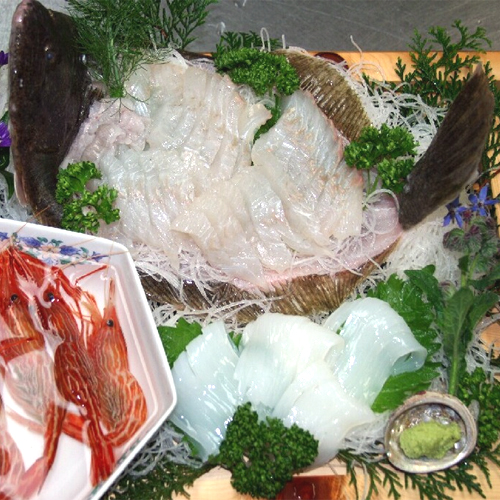 お造り盛りの一例（ヒラメと活けシマエビなど）