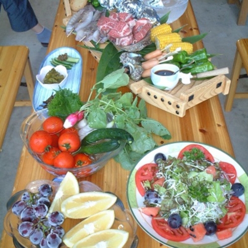 夏場のお楽しみ♪　バーベキューコースの一例　自家製の夏野菜も、たっぷりお召し上がりください