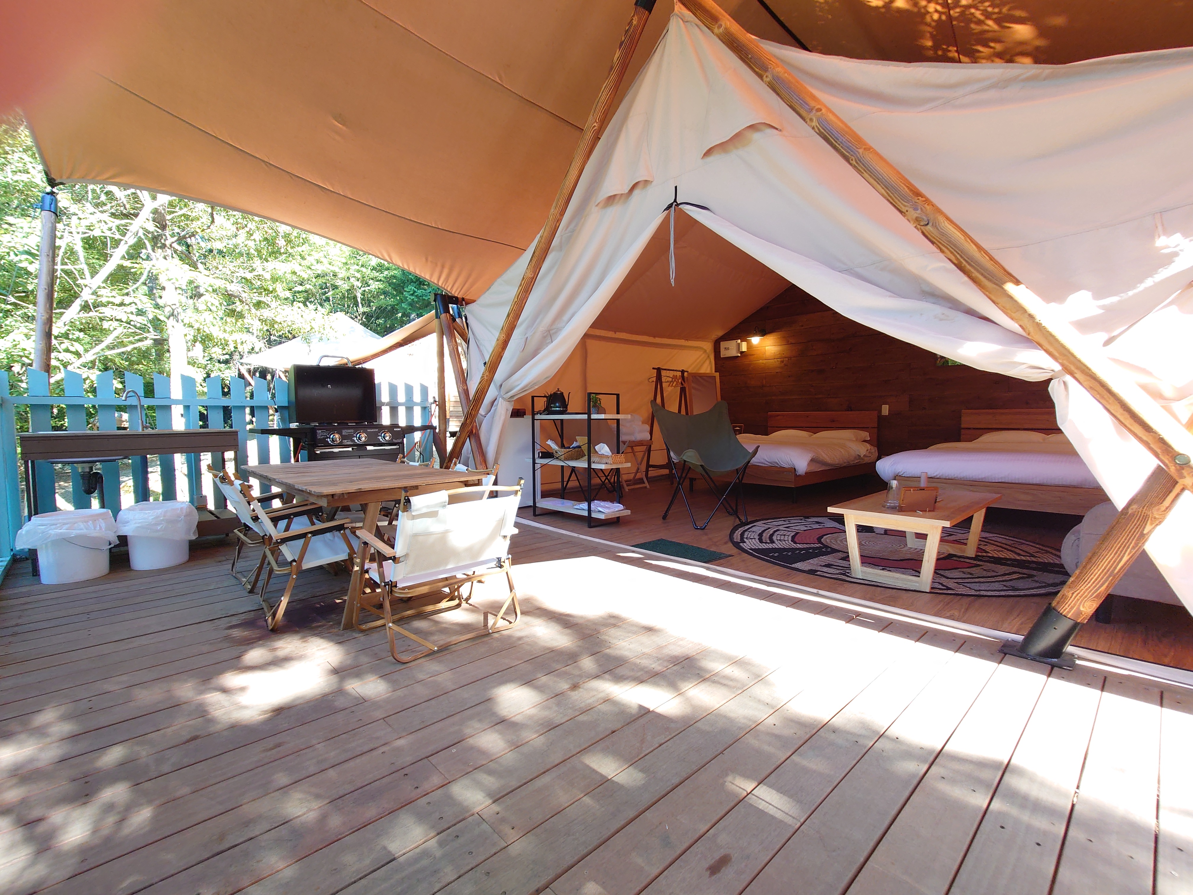 *【グランピング｜ミューのテント／一例】冷暖房完備で快適！夕食・朝食はお部屋のプライベートデッキで