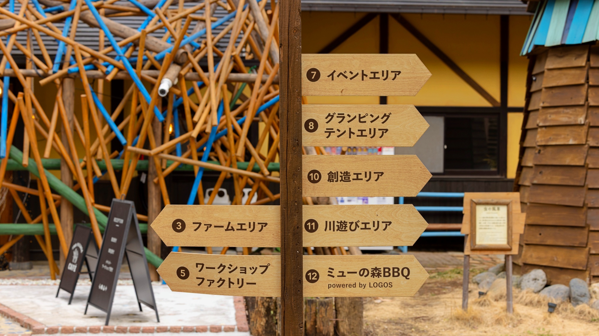 *【ウェルカム広場｜案内板／一例】どっちに進む？風と木の香りに導かれて、冒険スタート！