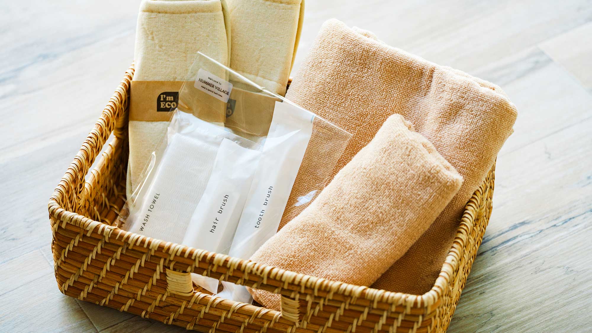 【全室共通アメニティ】バスタオル・フェイスタオル・歯ブラシ・ボディタオル・スリッパ・バスアメニティ