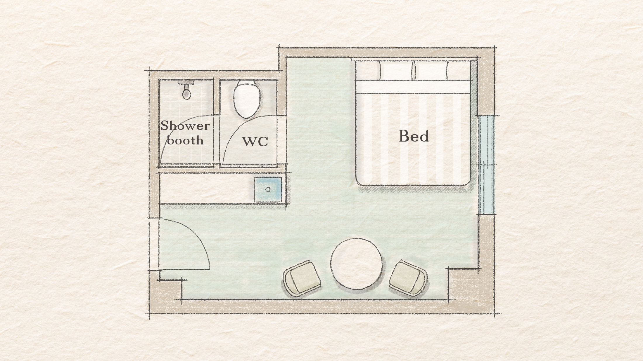 【プレミアムダブルルーム間取り図】ベッド幅キングサイズ180ｃｍ完備