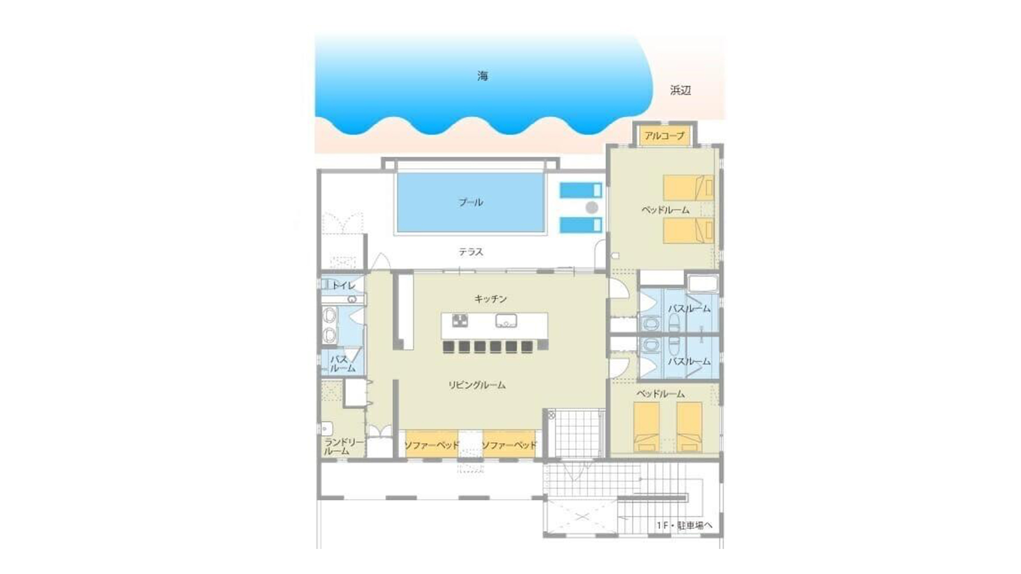 ・【2階：間取り】2階のワンフロア2LDKの空間を独り占め。他のお客様に気兼ねせずご滞在いただけます