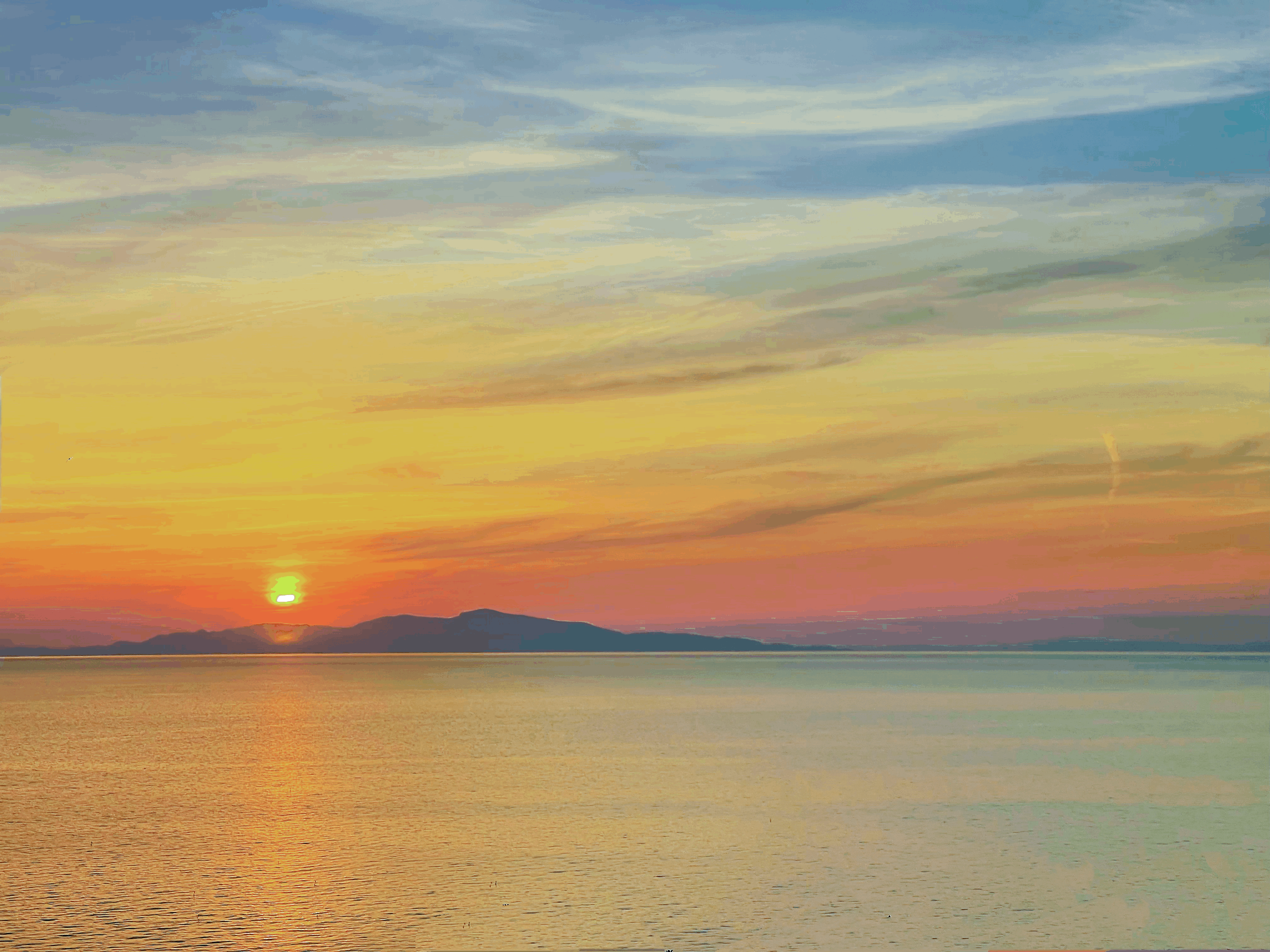 この場所は五色町と呼ばれています。天気が良いときには、五彩の夕日と海平線上の小豆島を見ることができます。