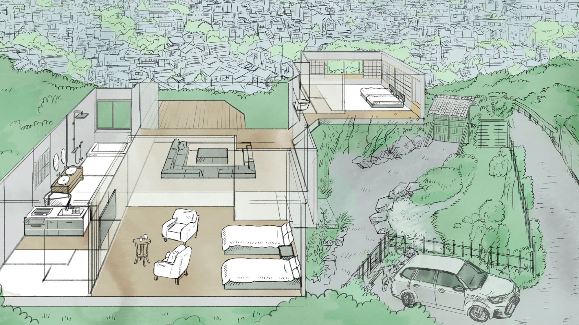 ・【間取り図】モダンな母屋と日本家屋らしさを残した離れ。温泉・テラス・中庭など遊び心を取り入れました