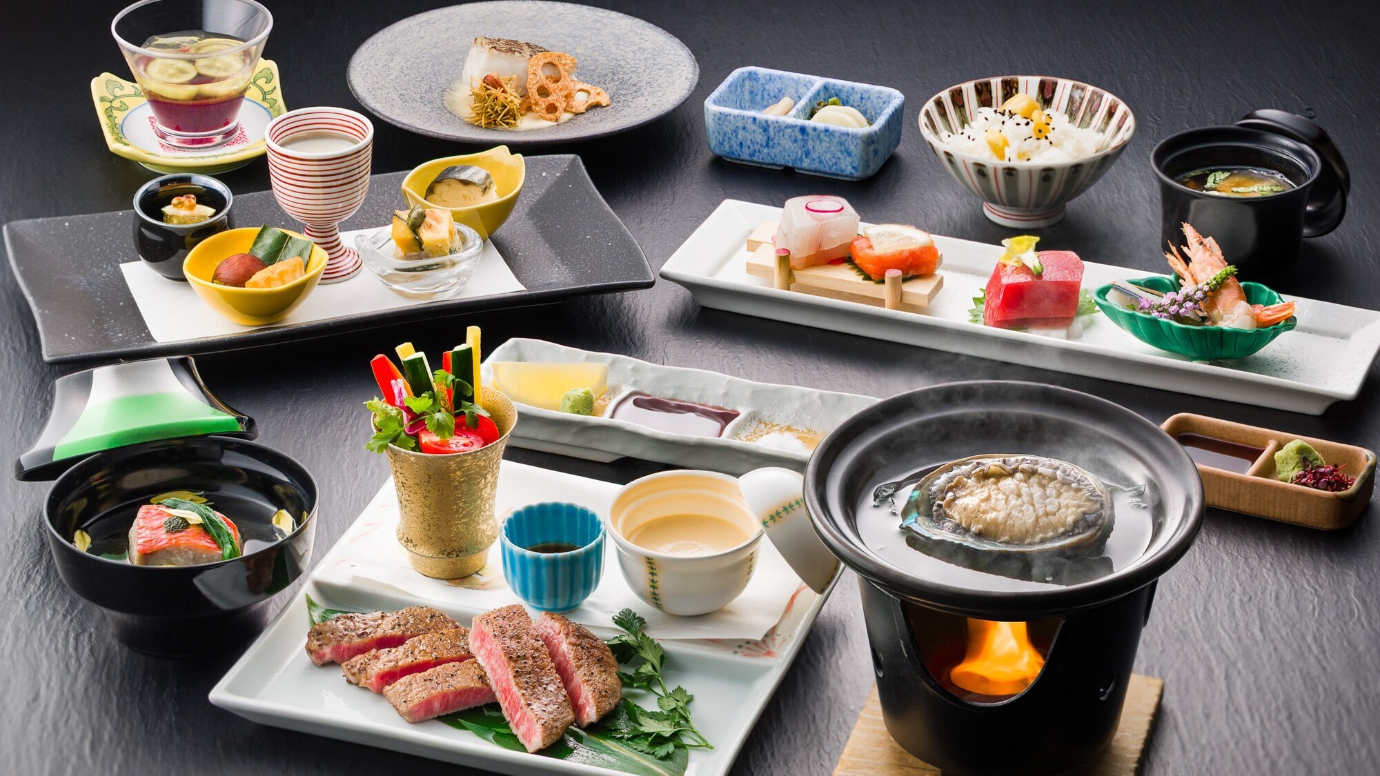 甲州牛フィレステーキと蝦夷鮑の踊り焼きを贅沢に味わう季節の特選和会席（イメージ）