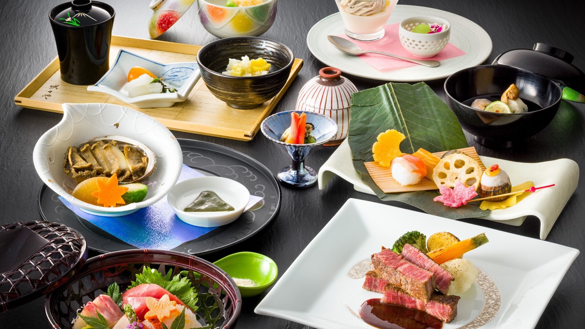 甲州牛フィレステーキと甲州鮑の煮貝を贅沢に味わう季節の特選和会席（イメージ）