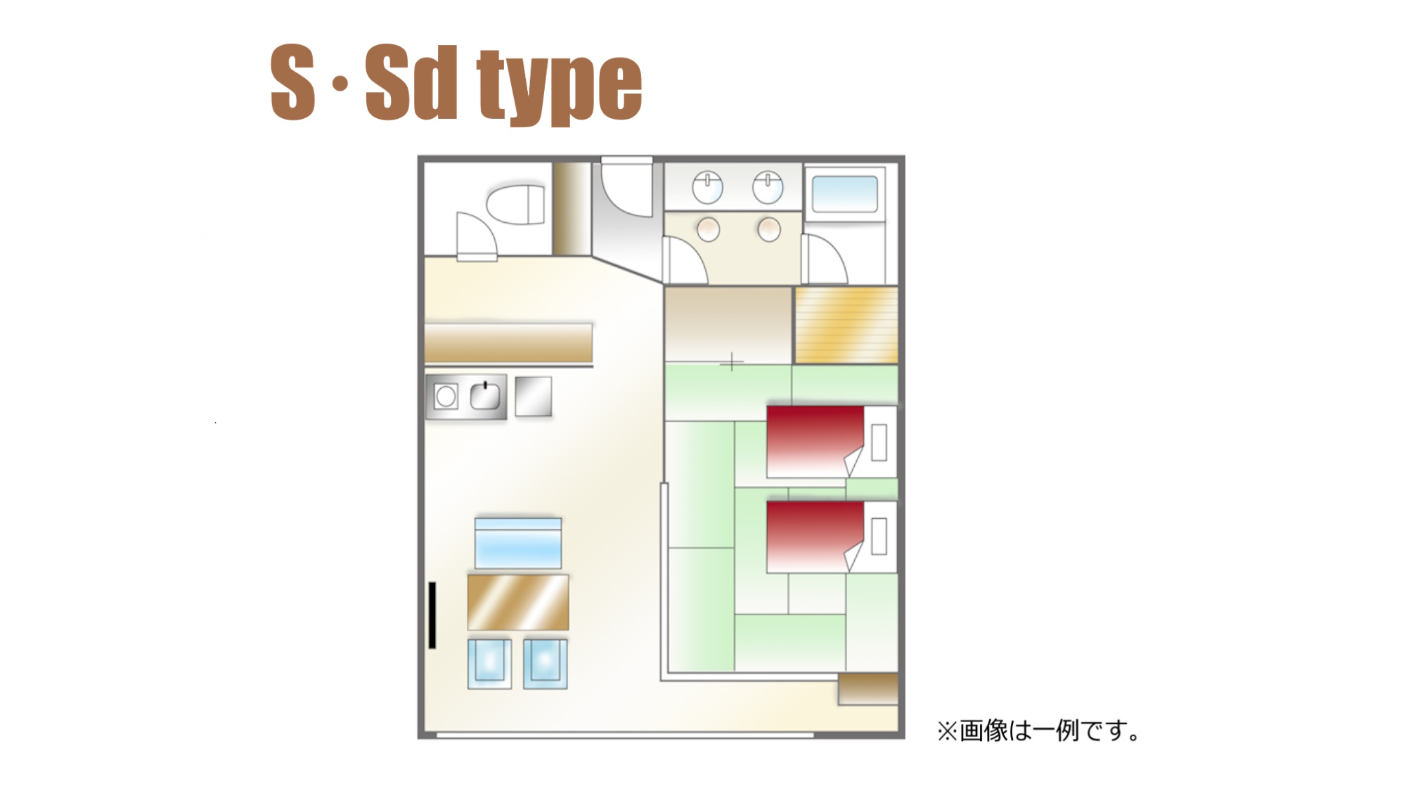 【スタンダードルーム間取り一例】1LDK・最大4名までご宿泊可能な和室(ミニキッチンあり)