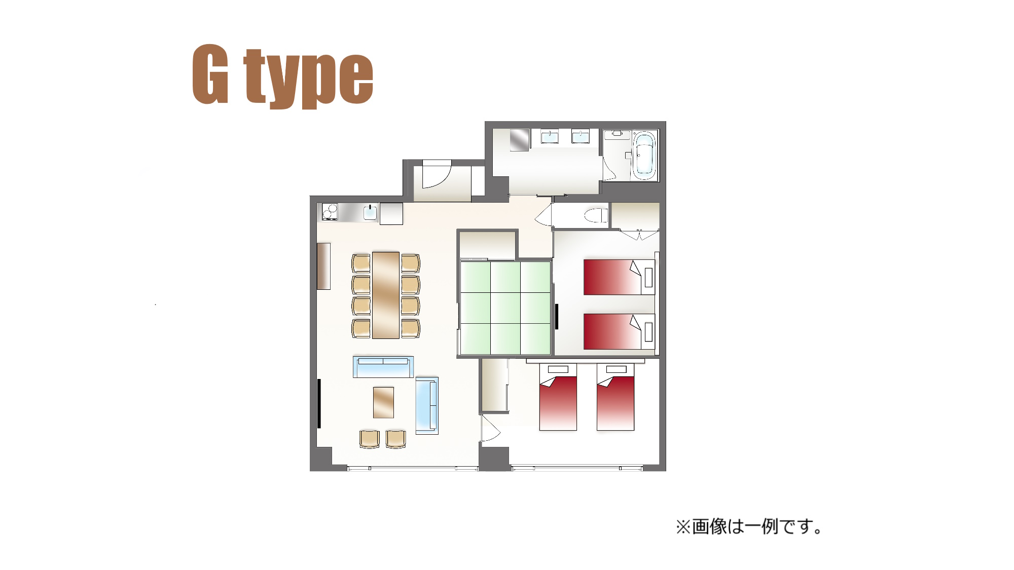 【Gタイプ間取り一例】3LDK・最大8名までご宿泊可能な和洋室。（キッチン・洗濯機あり）