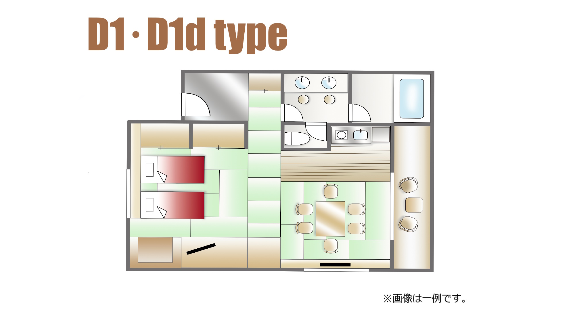 【D1・D1dタイプ間取り一例】約70平米・和室1DKの6名定員の客室。