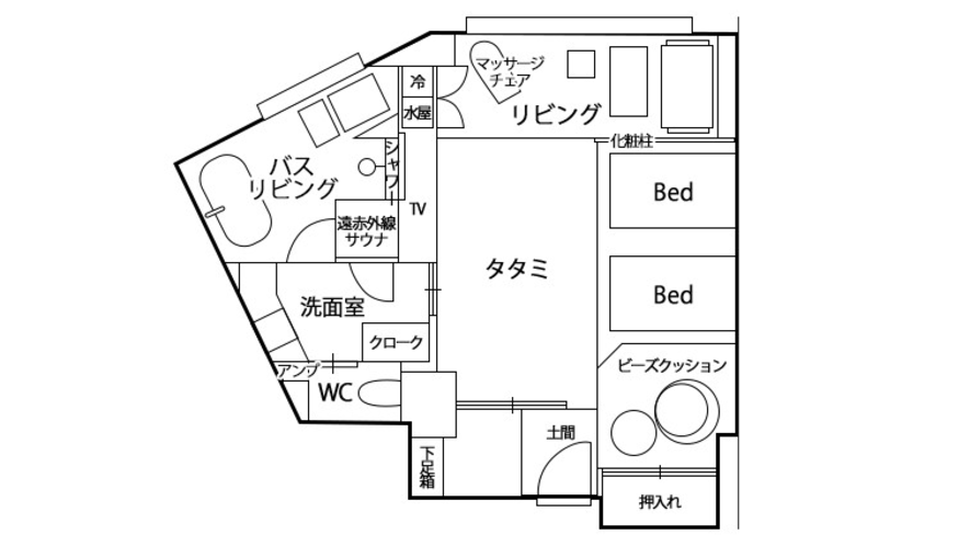 月観バスリビング＆プライベートサウナ付和洋スイート／ツインベッドと、畳にお布団が3枚まで用意可能です