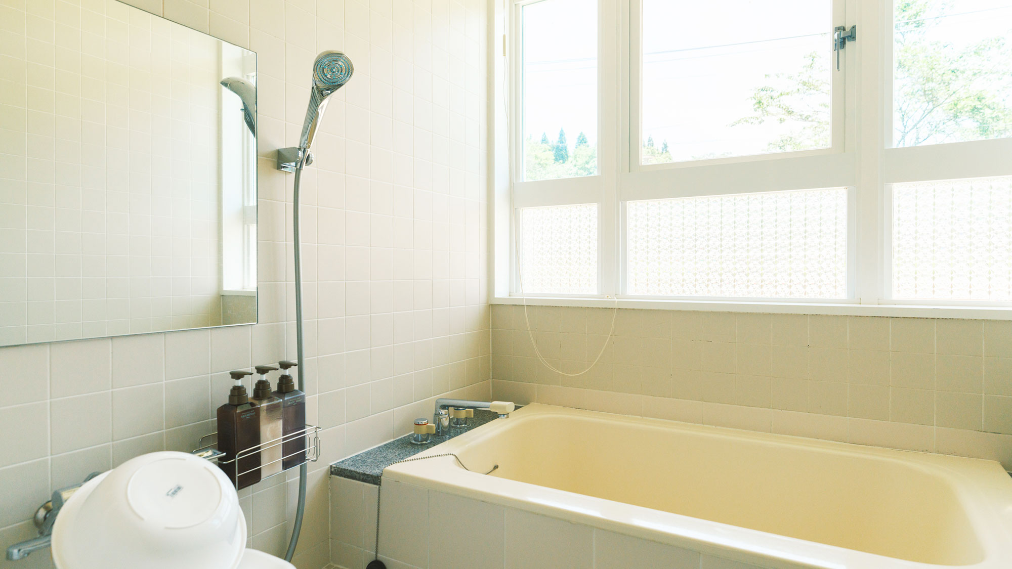 【／With Dogs・1号室（53㎡）】壁一面の大きな窓から明るい光が差し込むバスルーム。