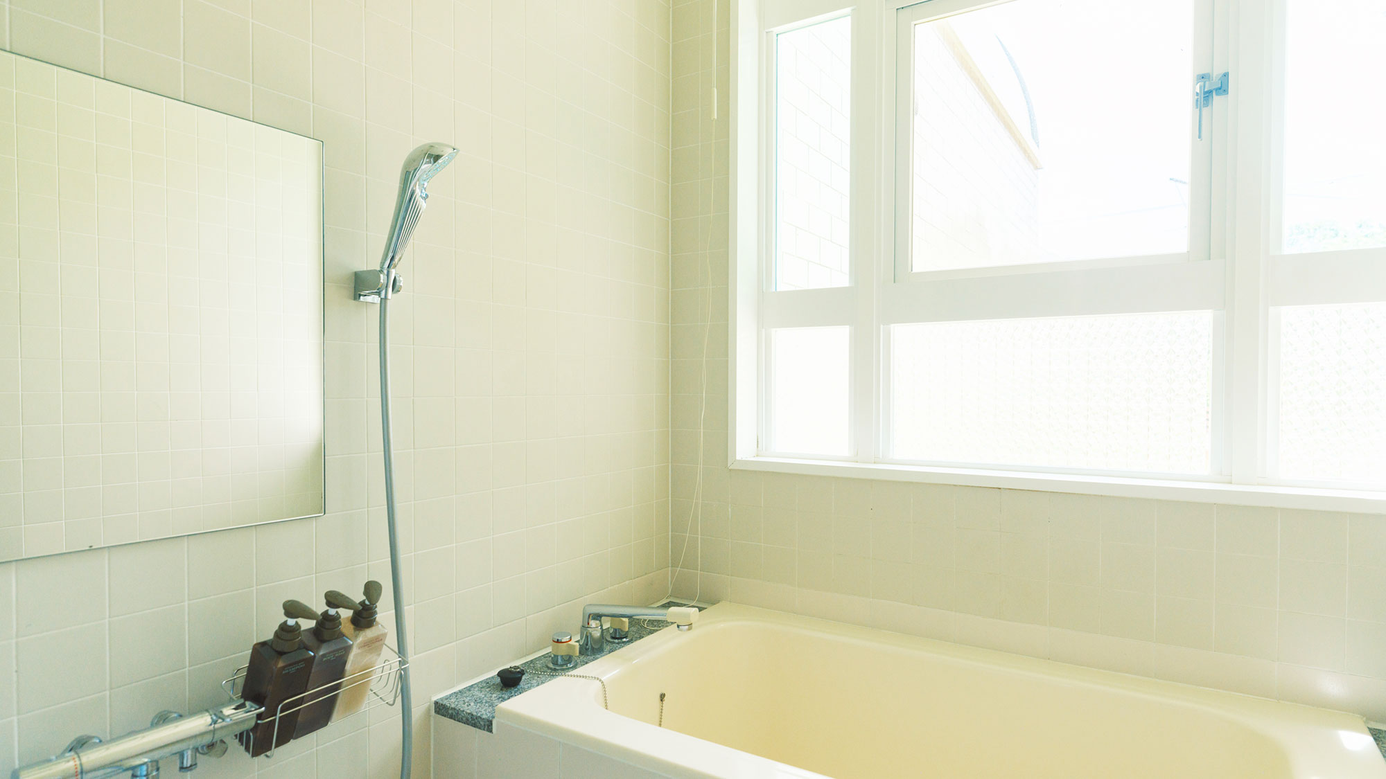 【／With Dogs・3号室（53㎡）】壁一面の大きな窓から明るい光が差し込むバスルーム。