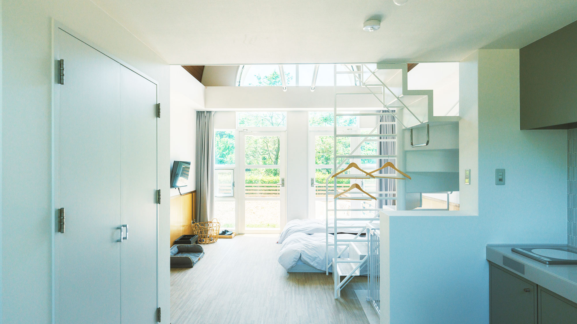 【／With Dogs・1号室（53㎡）】リビングスペース、ベッド、キッチン・ロフトからなる1号室。