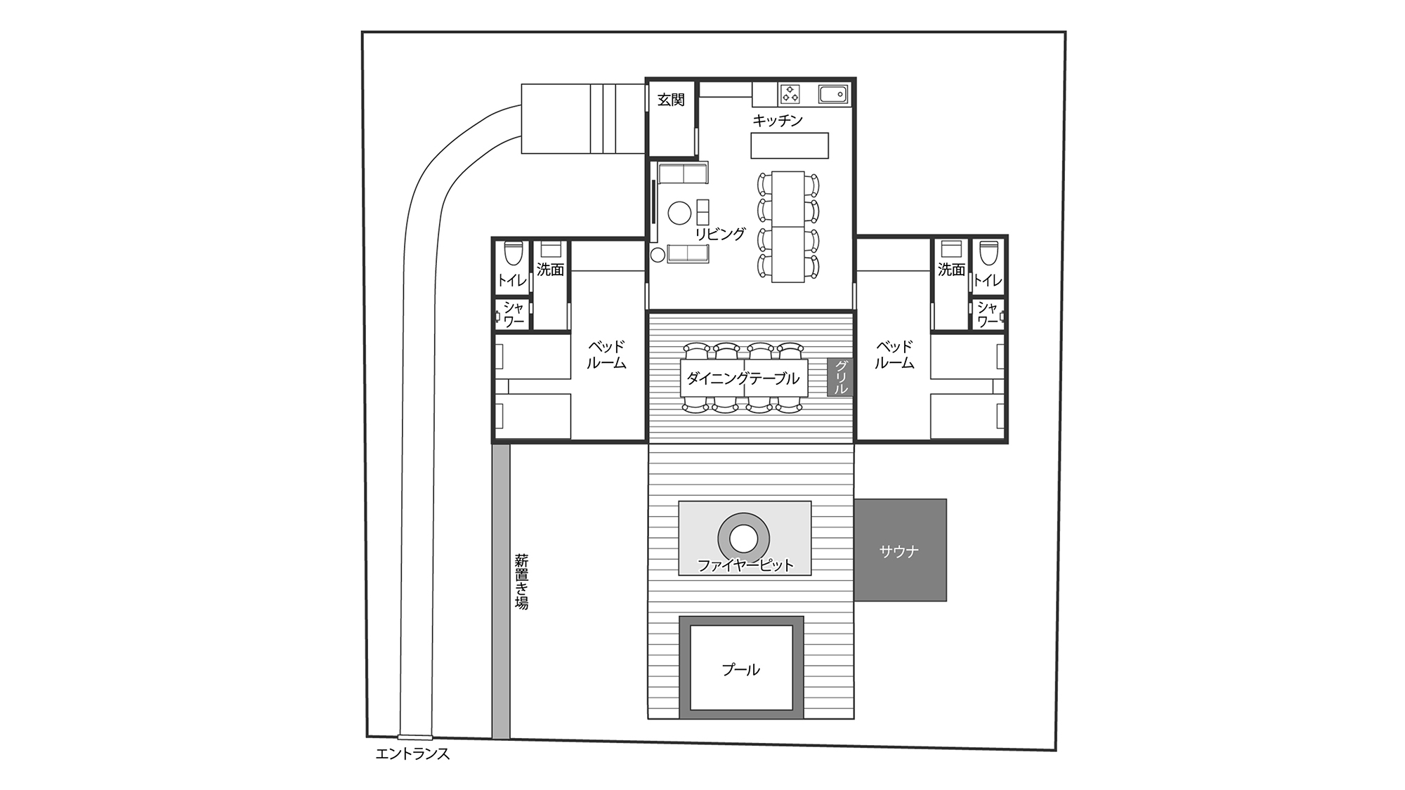 ・【見取り図】2ベッドルームに最大6名様宿泊可能。サウナ、ファイヤーピット、水風呂も完備
