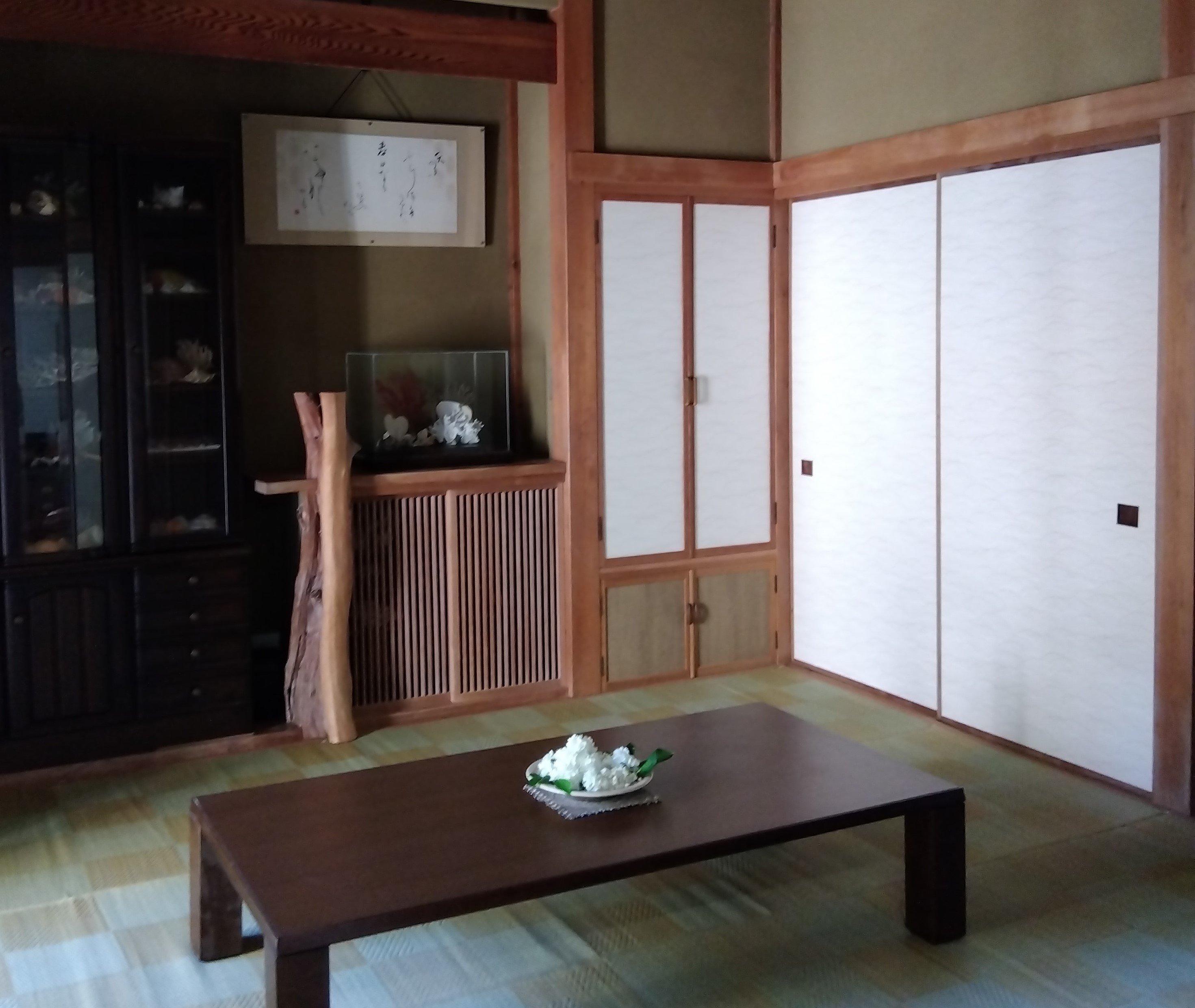 庭を見渡す縁側のある広々とした畳の和室です。