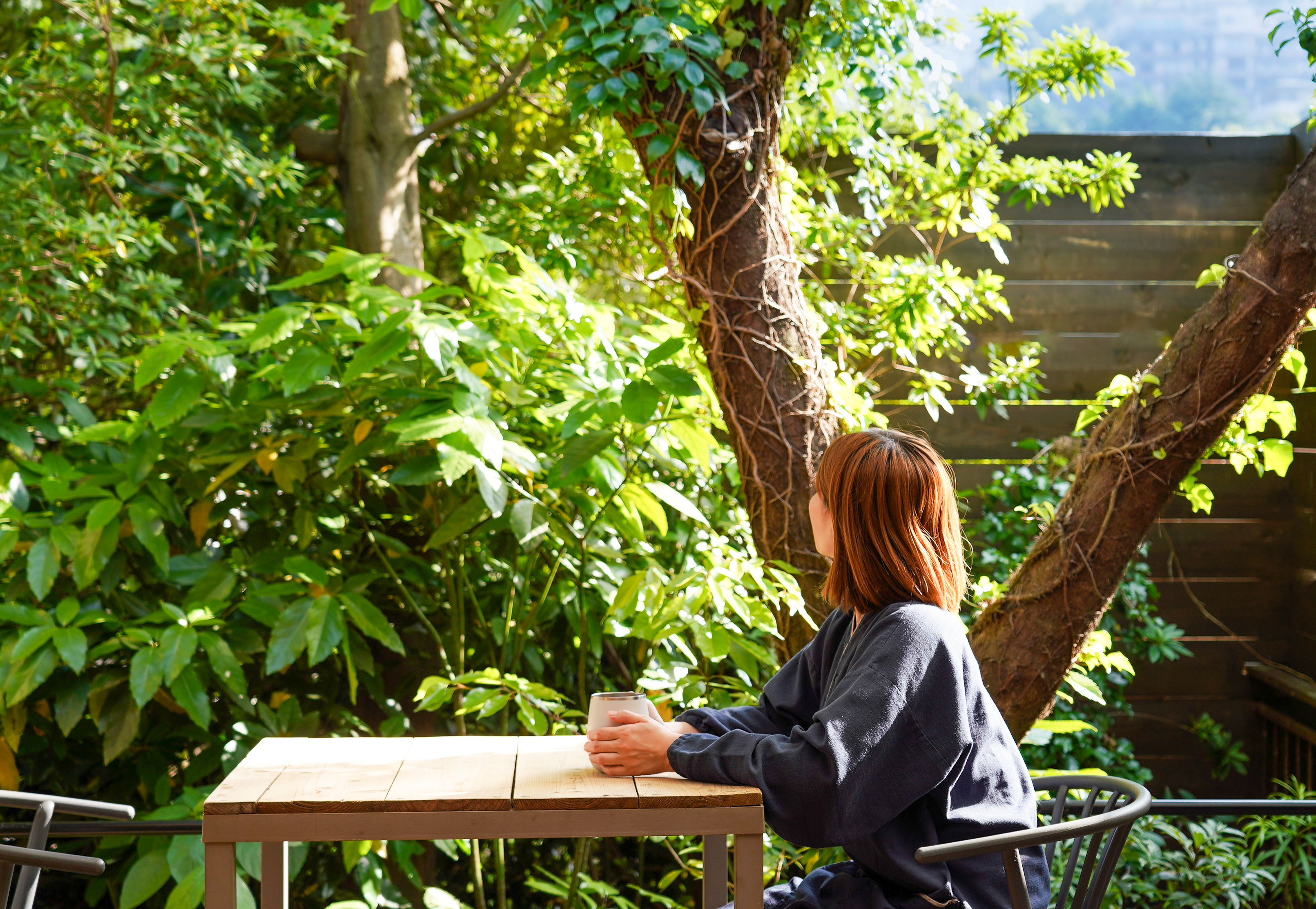 朝日と緑に包まれる朝食時間