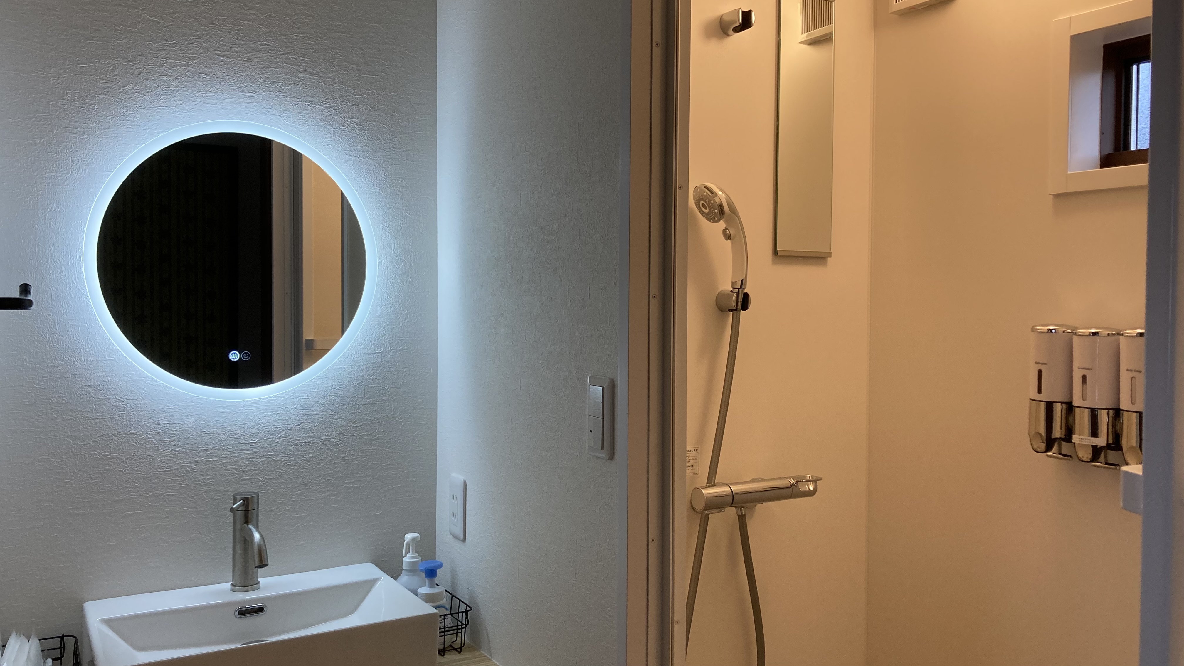 洗面台とシャワー 洗面所の照明スイッチはキッチンの左手にございます。