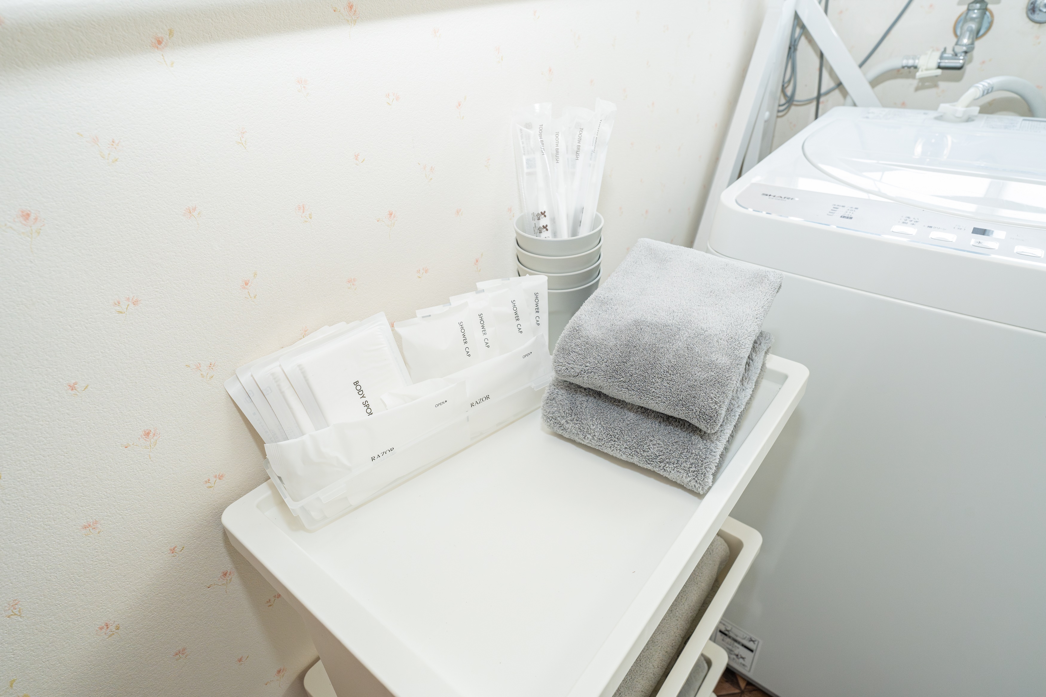 ランドリーエリア ・アメニティ（歯ブラシ・ボディスポンジ・シャワーキャップ・レザー）バスタオル・フェ