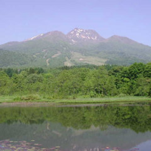 *いもり池（当館から車で約10分）妙高山を水面にくっきり映し出します。水芭蕉の群生地としても有名。