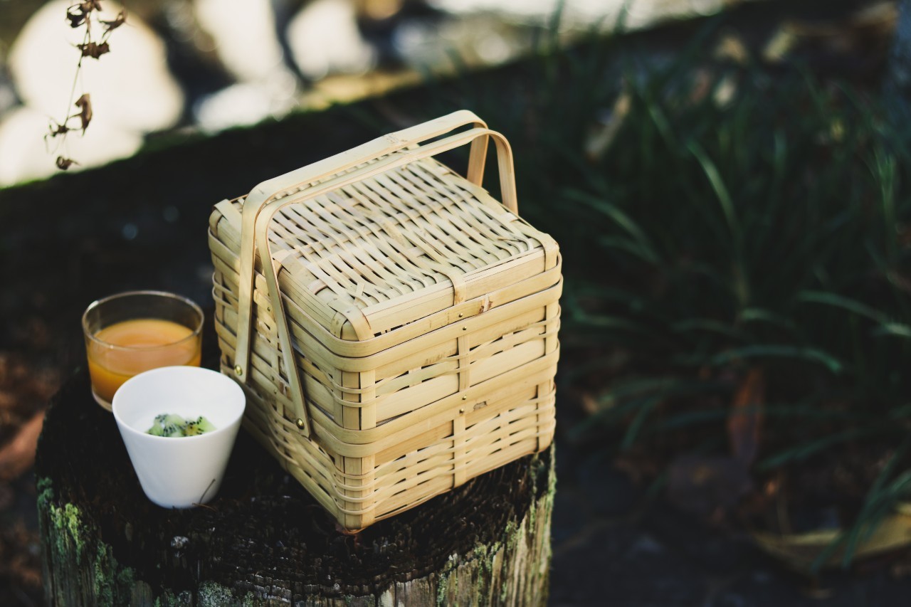 竹籠で朝食