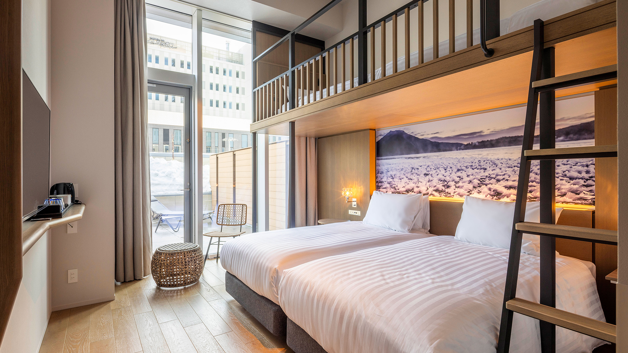 【テラス2段ベッド付ツイン】24平米／ご家族での観光やグループ利用等、幅広いニーズにお応えいたします