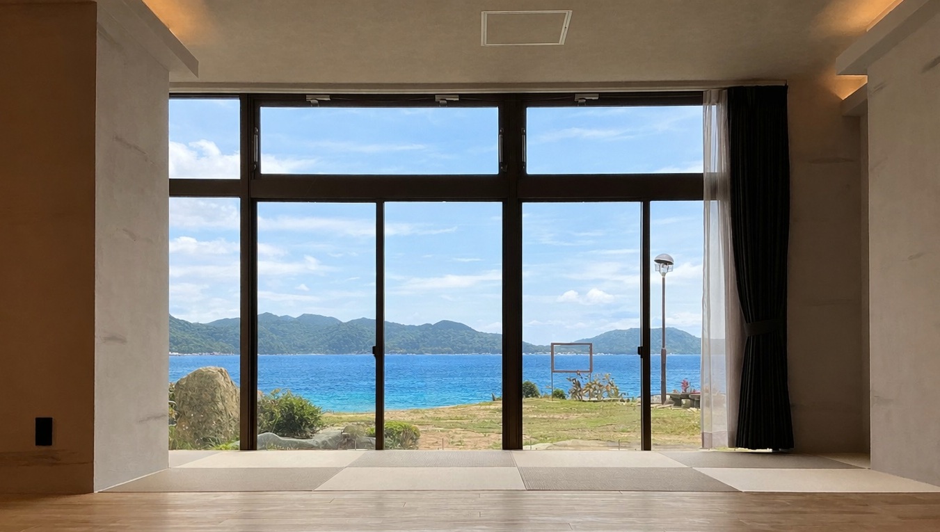【プレミアムリトリート】海へと伸びるようなリトリートフロアから、青海島を望む特別な眺め。