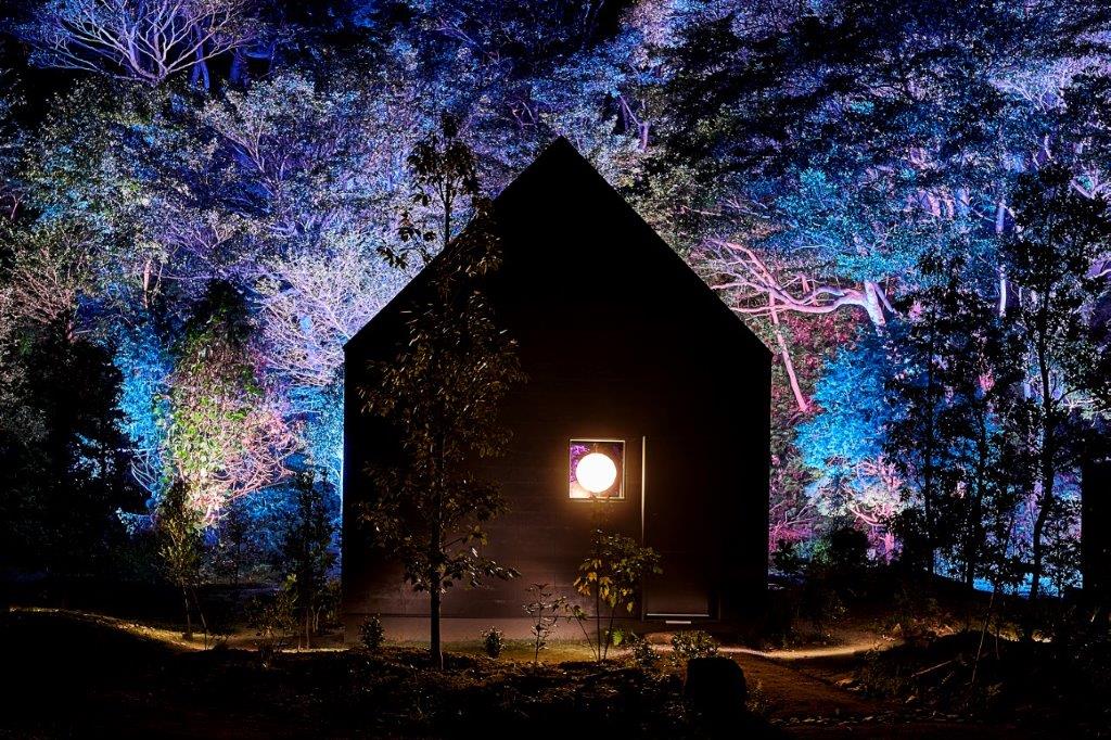 森のふもとの２階建てコテージ／夜が更けるとチームラボの光のアートに包まれる