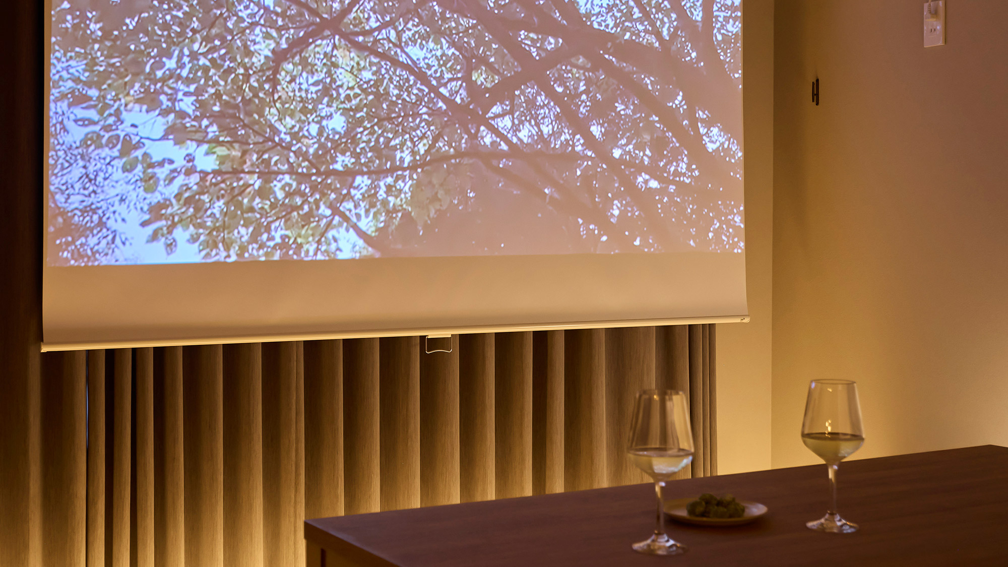 【シーン】大型プロジェクター付き、大画面で映像鑑賞も。