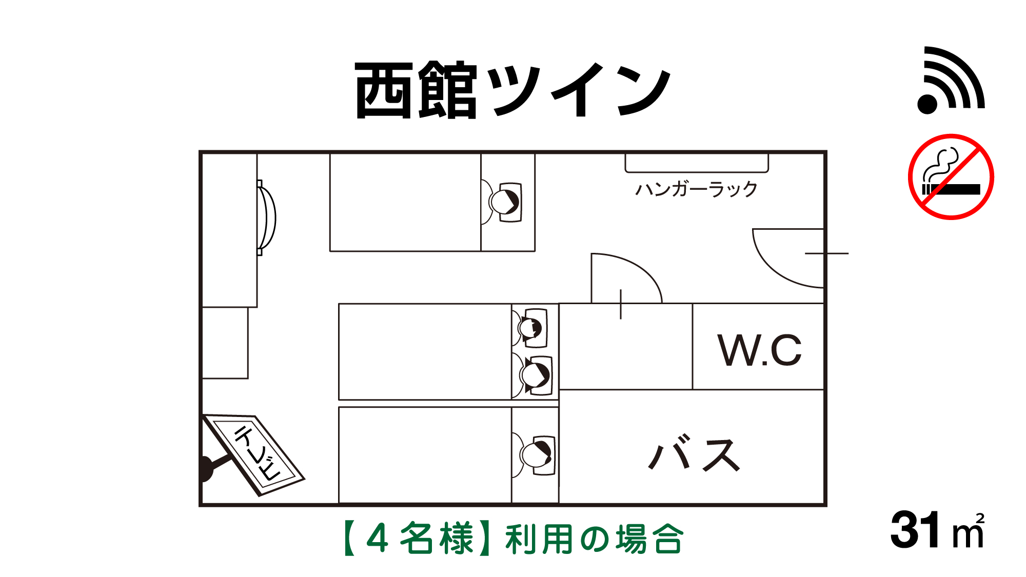 【西館ツイン】【４名利用の場合】角部屋（最大６名様まで可能ですがプランに準じます）