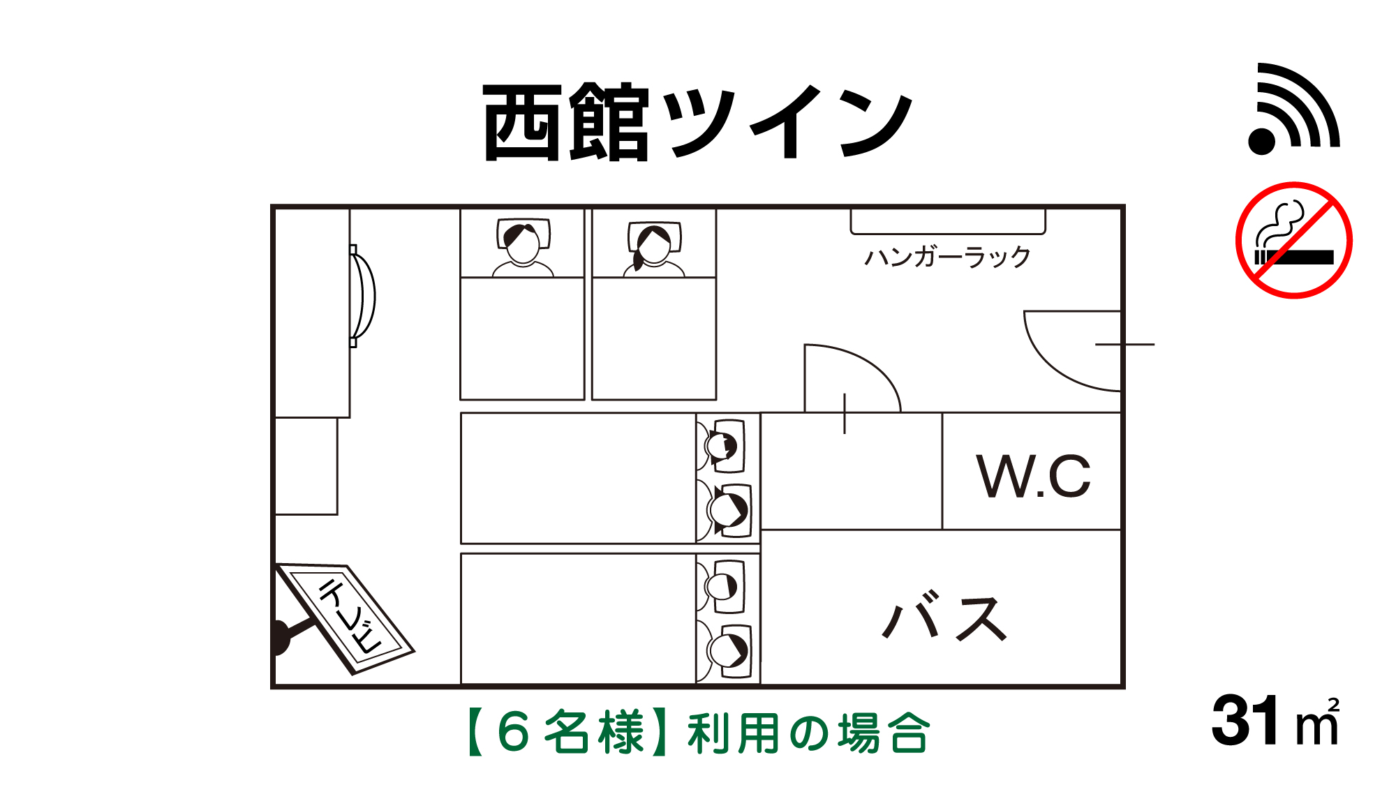 【西館ツイン】【６名利用の場合】角部屋（最大６名様まで可能ですがプランに準じます）