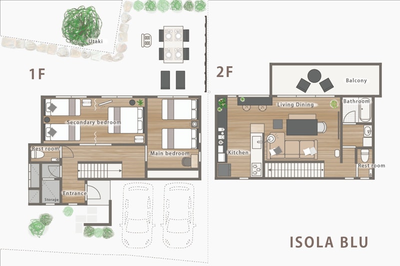 2階建て一棟貸しのヴィラで、1階にはベッドルームが2つ、うちひとつはカーテンで間仕切れるように...