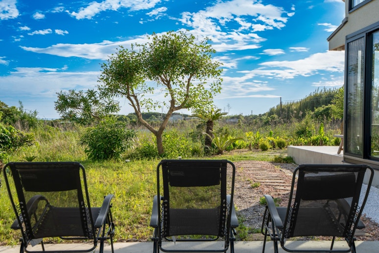 中庭。目の前には、澄みわたる青空と瑞々しい緑が広がり、心まで晴れやかにしてくれる景色が広がります。