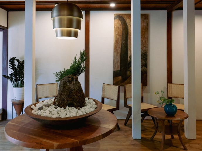 ・【1階カフェ・レストラン】木の温もりがあふれる空間。観葉植物などのグリーンが彩りをそえます