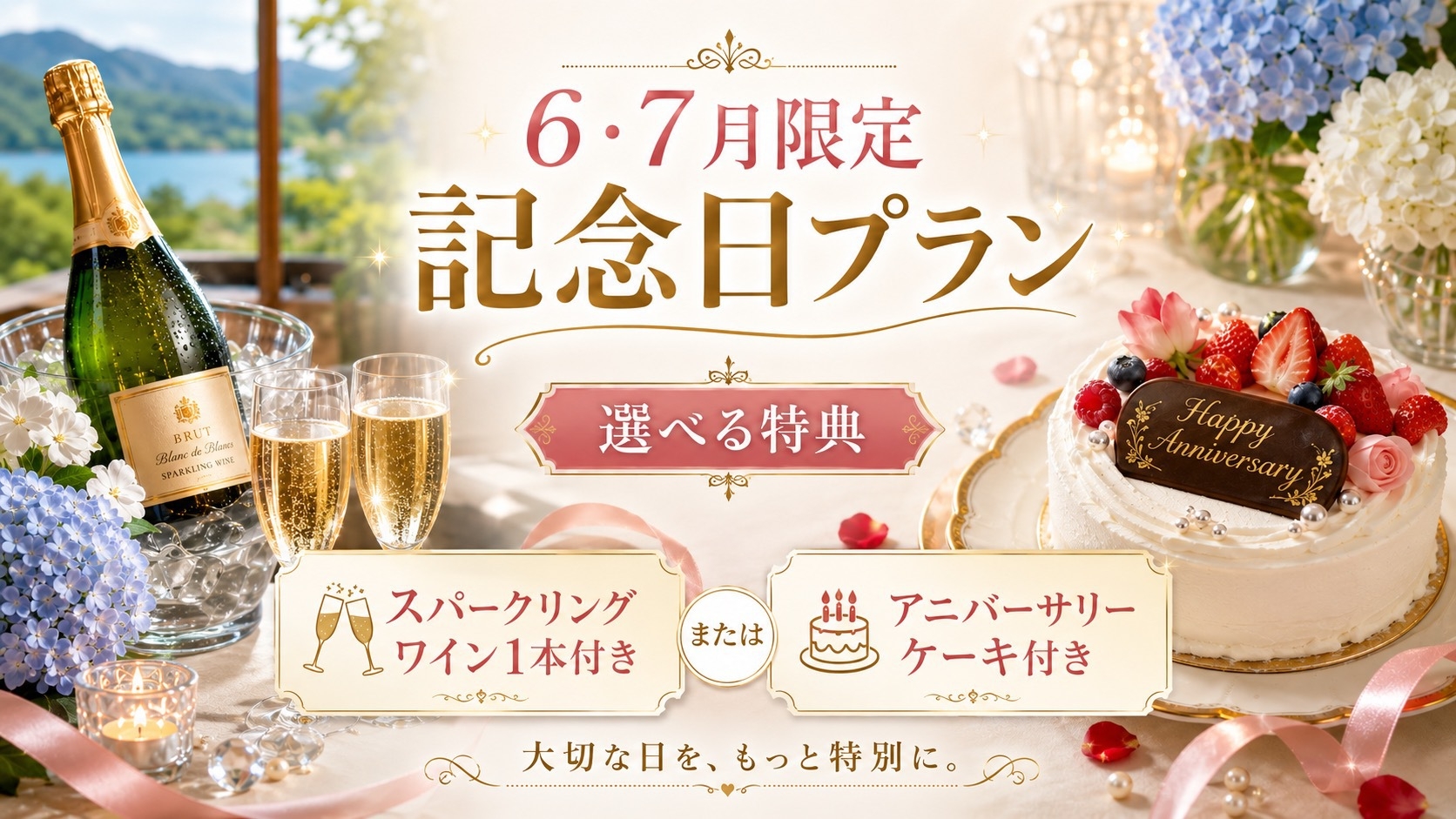 【6・7月限定】記念日プラン｜選べる特典付(ケーキorスパークリング) (1泊2食)