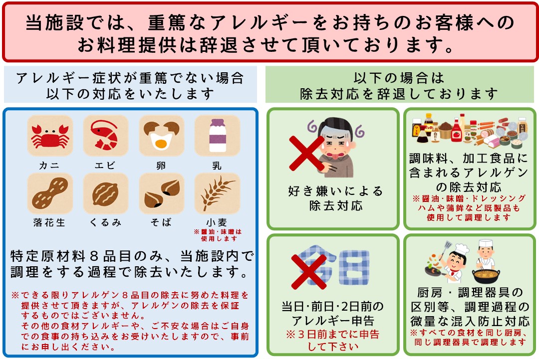 お食事アレルギーをお持ちのお客様へ＜当館のアレルギー対応について＞