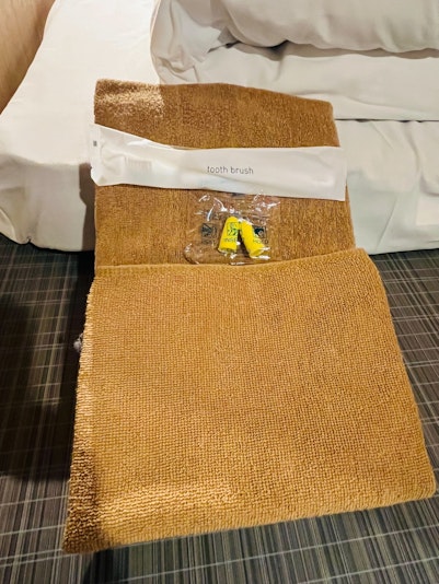 バスタオル、フェイスタオル、耳栓、歯ブラシございます