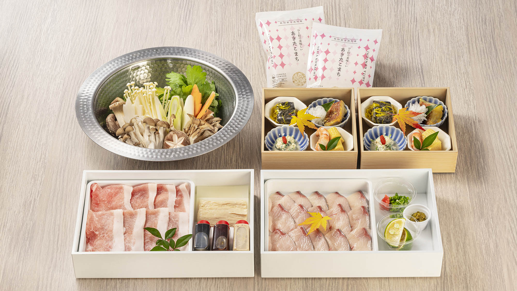 【食事：ぶりしゃぶ】ぶりしゃぶセットとおばんざいを冷蔵庫にセット※写真は2名分、米は炊飯が必要です