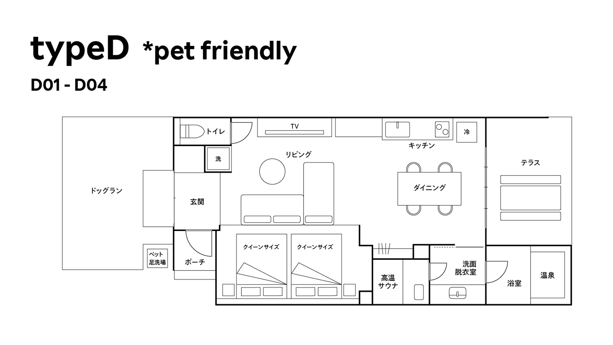 【間取り図：D01～D04(ペット可)】D01～D04(ペット可)タイプ客室の間取り図はこちらです